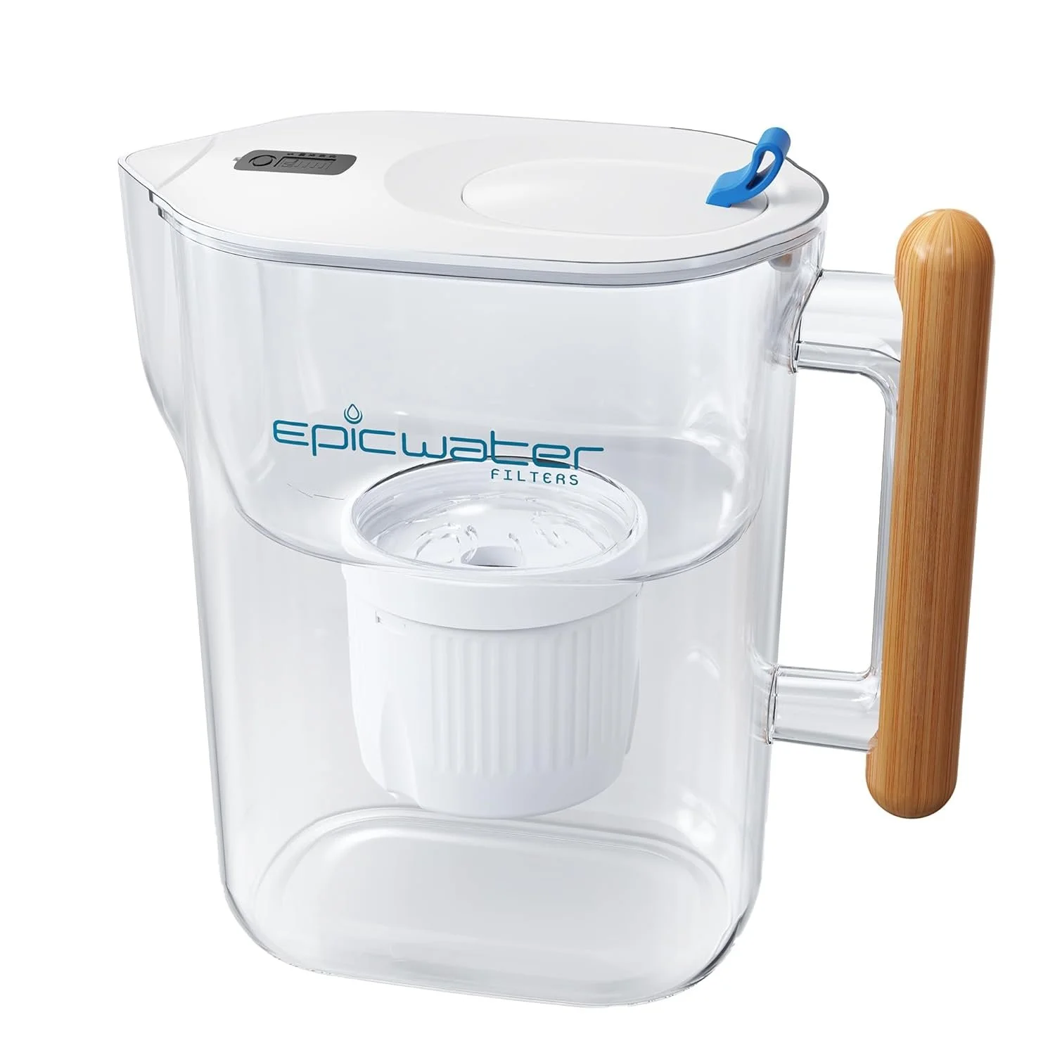 A clear water filter pitcher with a wooden handle, tagline 'Epic Water Filters' on the side, and a filter inside.