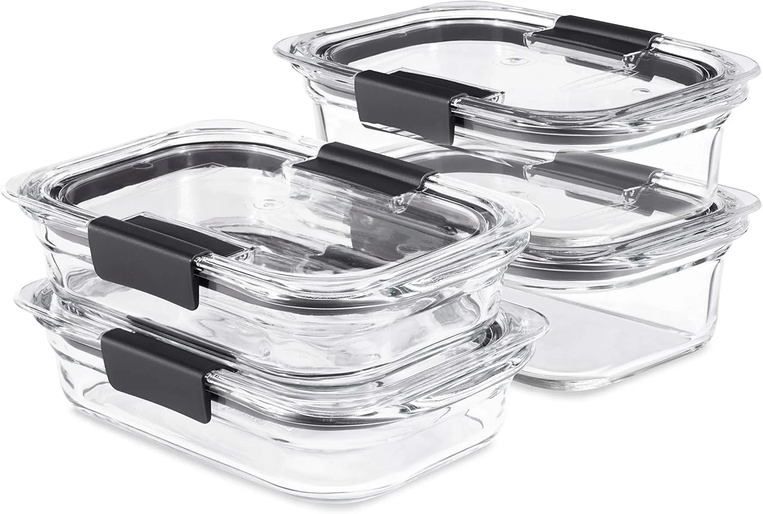 Set of four glass food storage containers with black silicone fittings and lids.