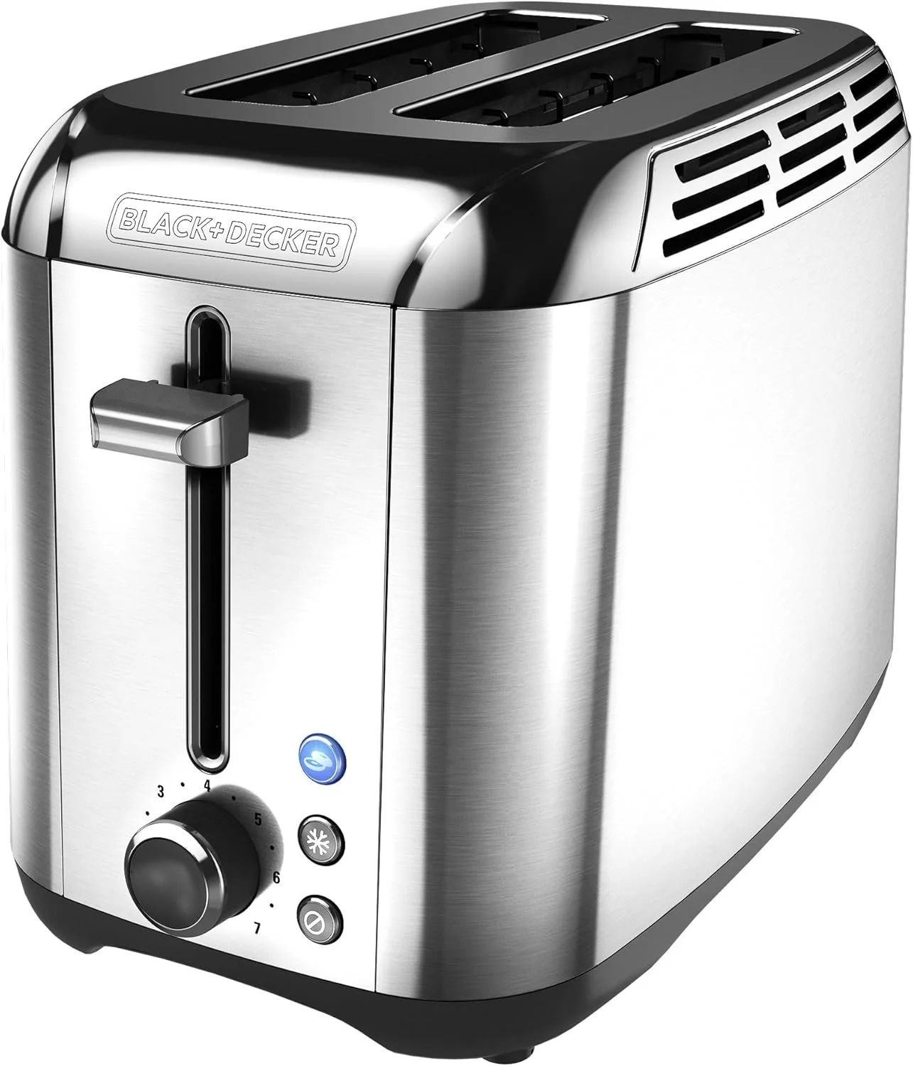 Stainless steel Black+Decker toaster with four slots, control knobs, and temperature settings.
