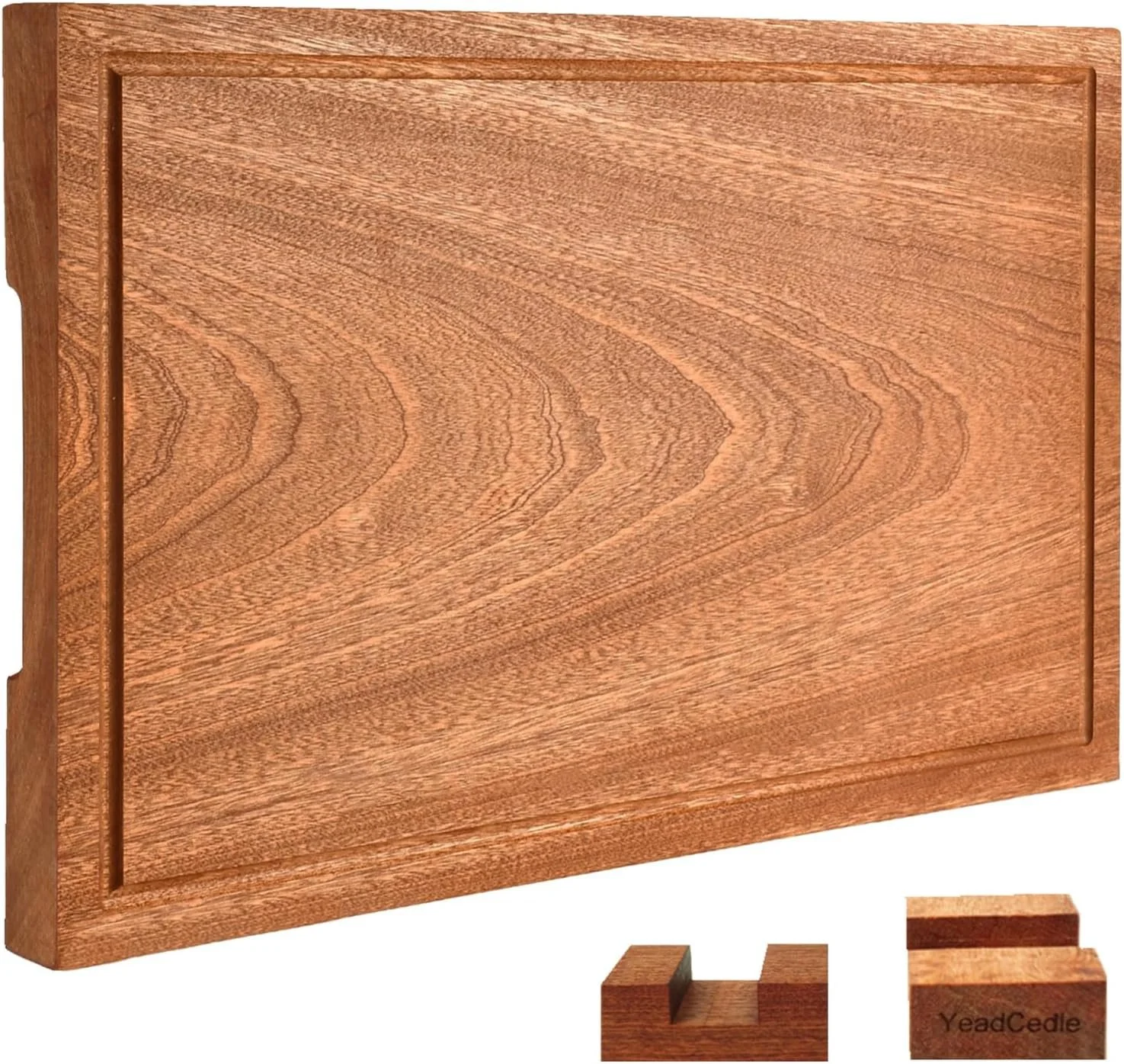 A large wooden chessboard with a raised border, along with two wooden chess pieces, one in the shape of a U and the other a rectangular block with the label "YeadCede".