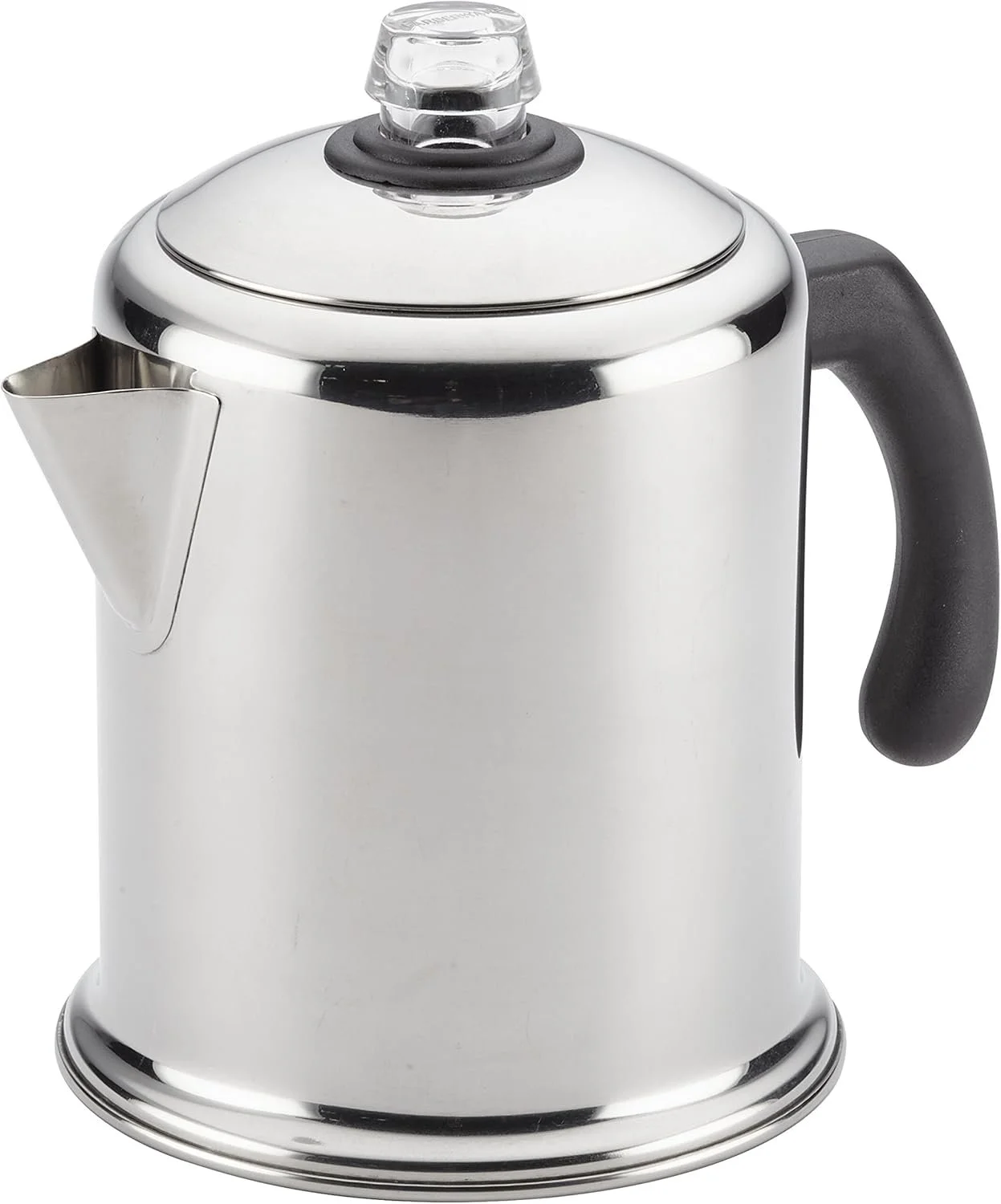Stainless steel electric kettle with black handle and transparent lid.