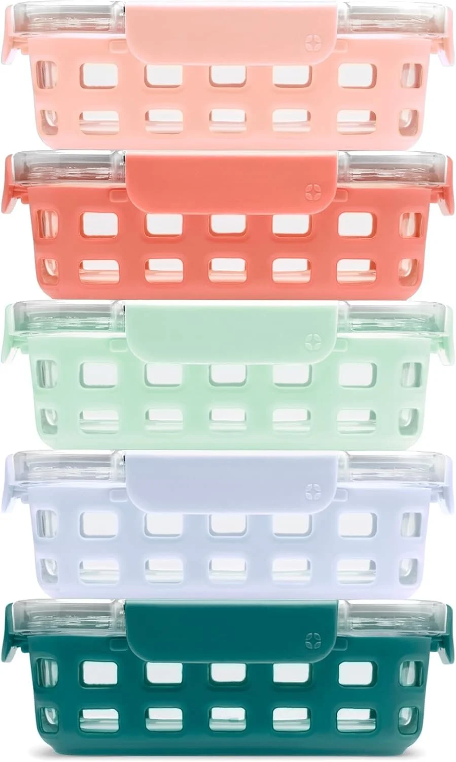 Stacked pastel-colored plastic storage baskets with clear lids in pink, coral, mint green, white, and dark green.