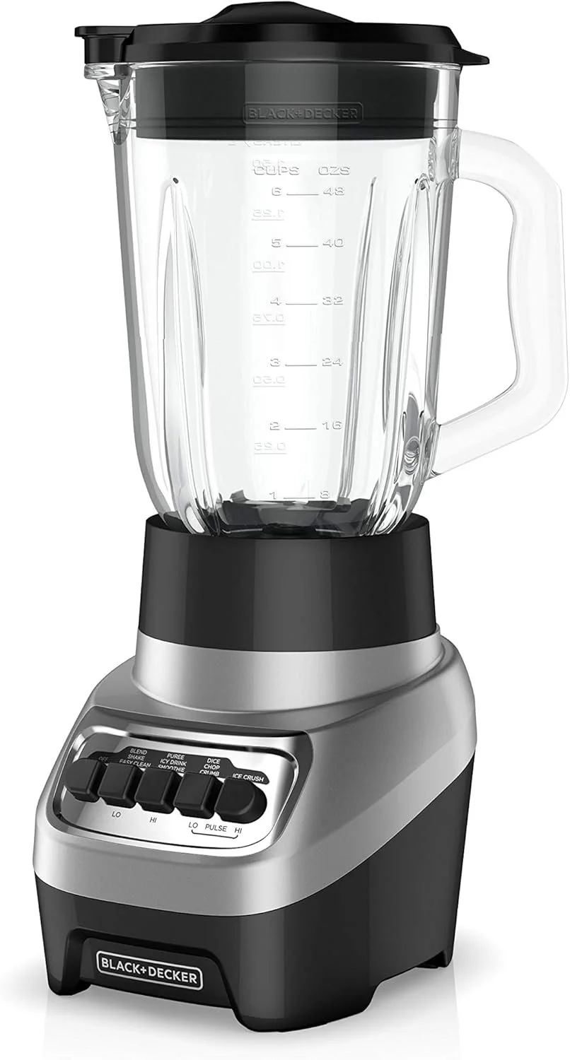 A Black+Decker blender with a clear glass pitcher and a black and silver base.