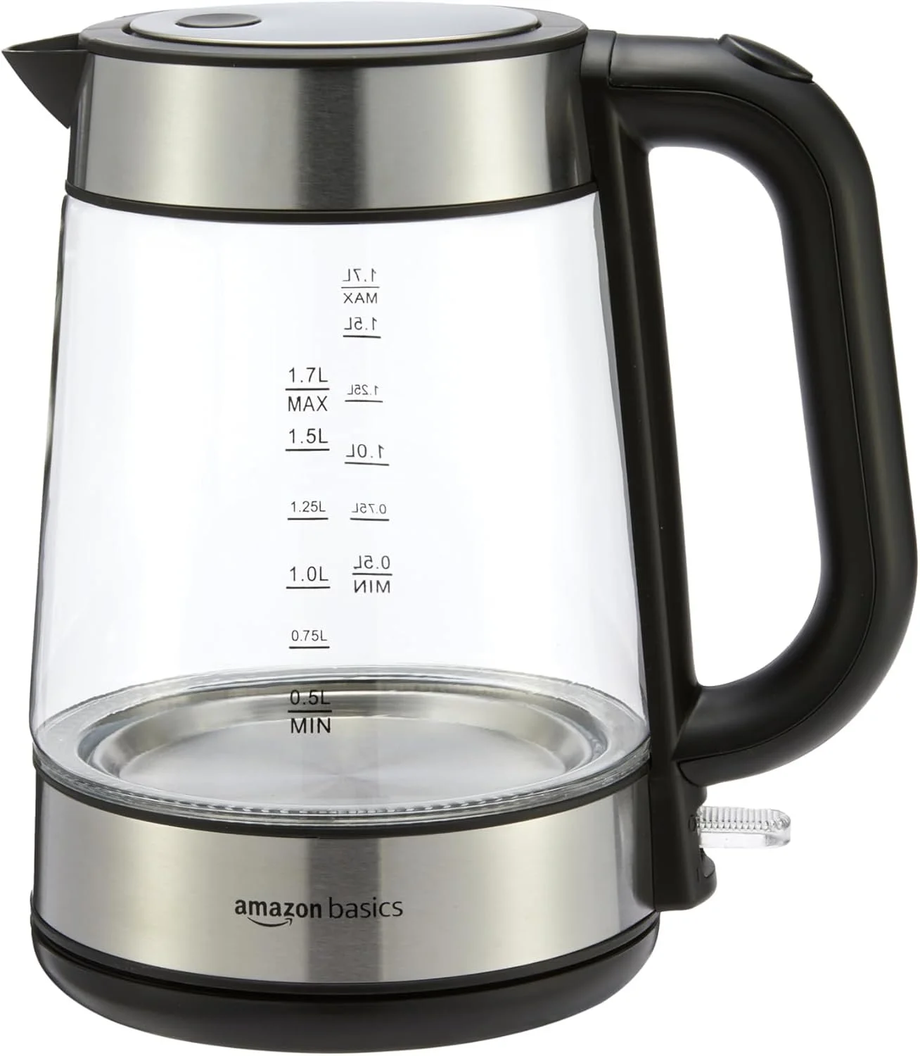A clear glass electric kettle with black handle and lid, metal base, and measurement markings, labeled 'amazon basics'.