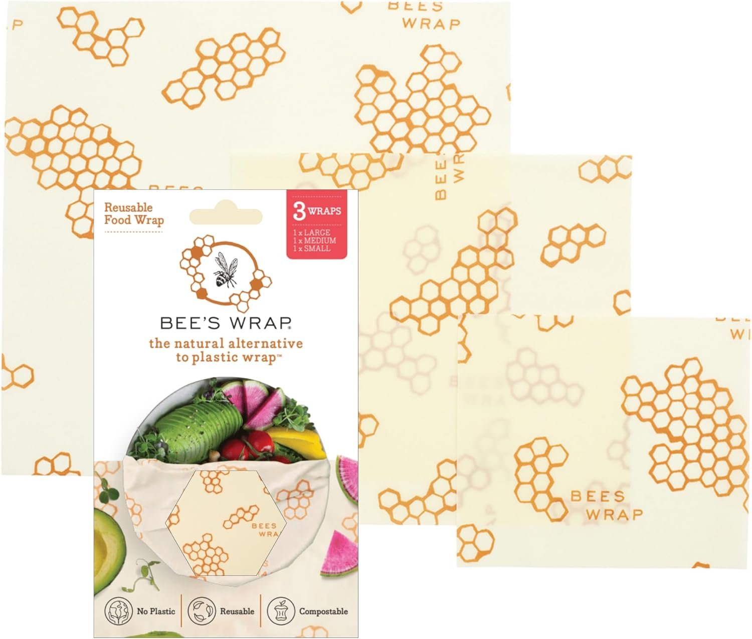 Packaging for Bee's Wrap reusable food wraps, with hexagon honeycomb and bee illustrations, and an image of assorted fresh produce in a wrap. The package indicates three wraps in different sizes, and symbols for no plastic, reusable, and compostable.