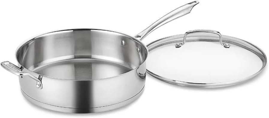 A set of stainless steel cookware includes a saucepan with a lid and a handle.