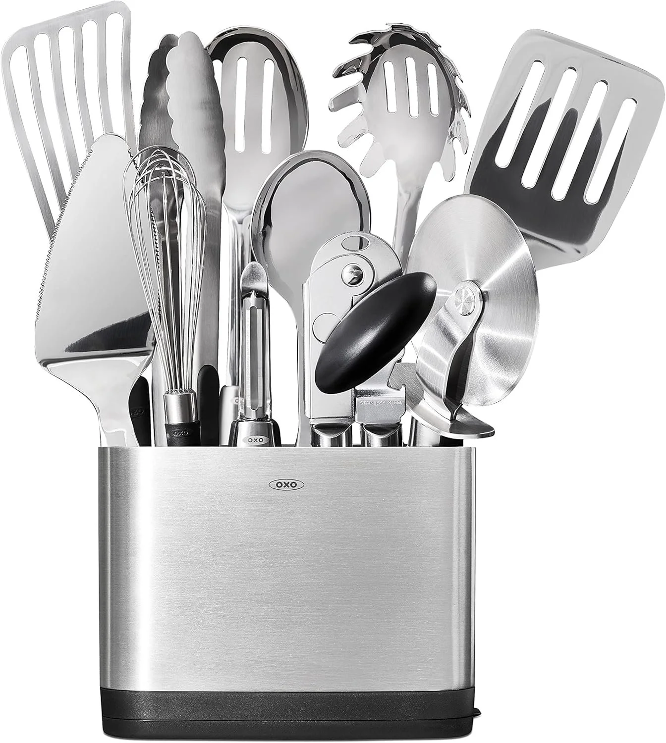 A collection of stainless steel and plastic kitchen utensils, including spatulas, a whisk, tongs, and a can opener, all stored in a modern stainless steel utensil holder.