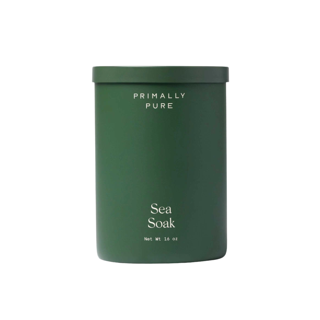 Green container labeled 'Primally Pure Sea Soak' with a net weight of 16 oz.