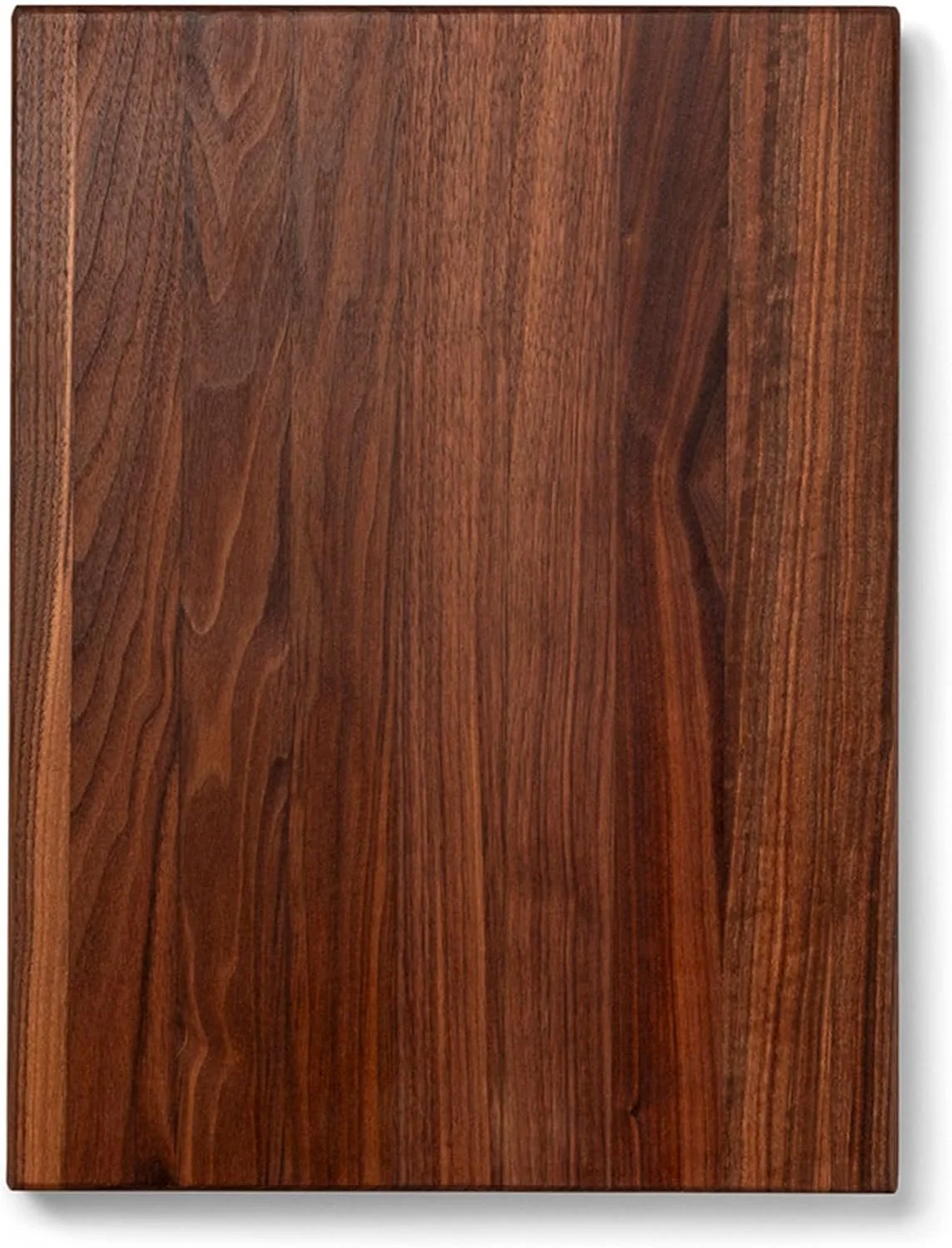 A rectangular wooden cutting board with a rich wood grain pattern.