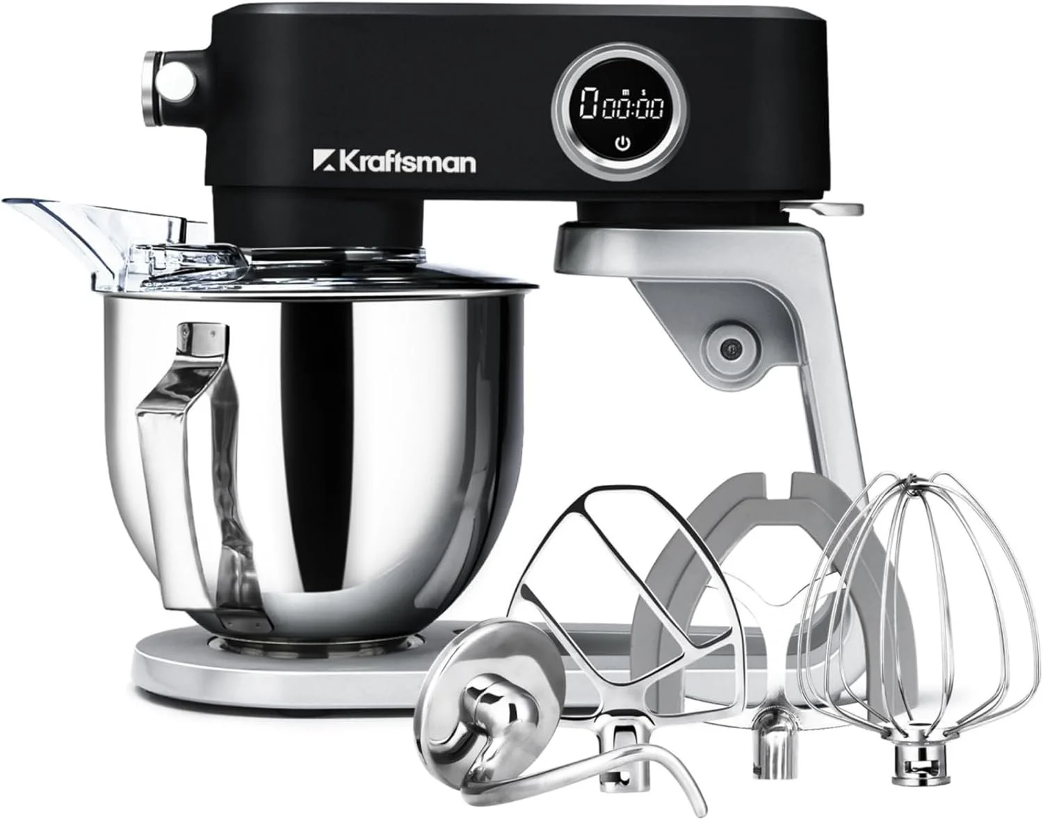 Black and silver kitchen stand mixer with various attachments including beater, whisk, and dough hook.