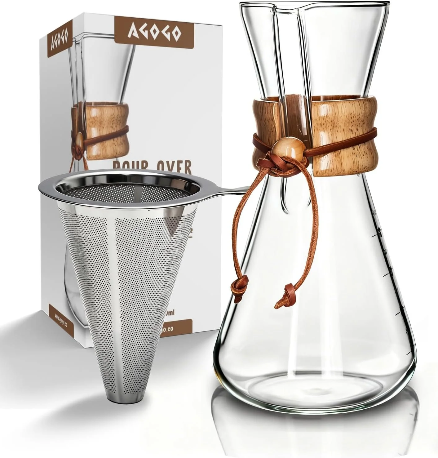 A glass pour-over coffee maker with a wooden collar and leather tie, a stainless steel filter, and a boxed product labeled 'Agogo.'