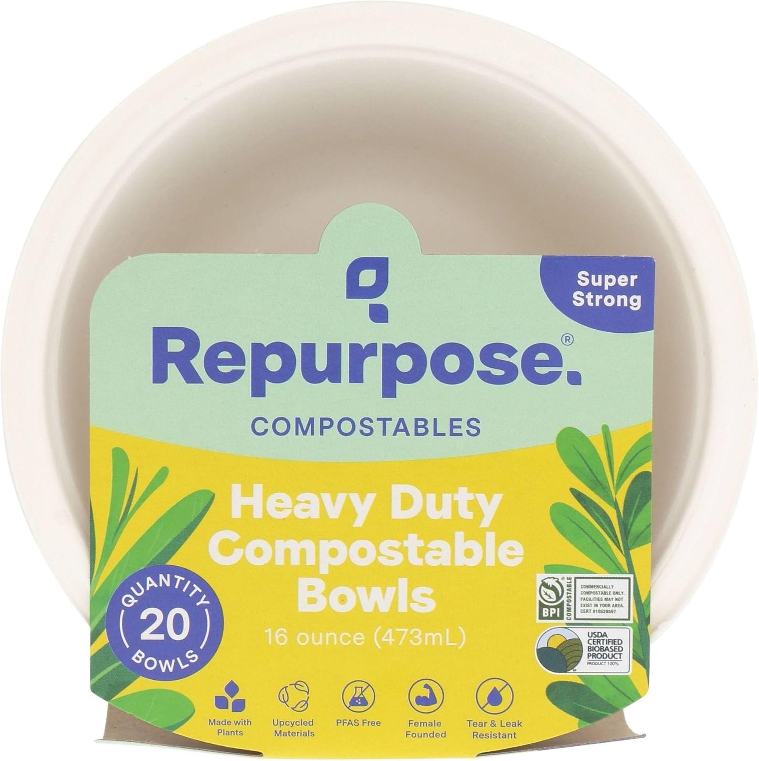 A package of Repurpose compostable bowls, labeled 'Heavy Duty Compostable Bowls' with a yellow and green design, indicating a quantity of 20 bowls, each 16 ounces, made with plants, upcycled materials, PFAS free, female founded, tear and leak resistant, and USDA certified biobased.