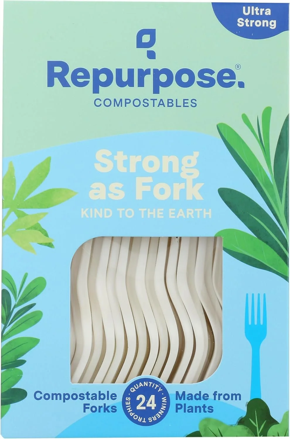 Box of RePurpose compostable forks with 24 ivory forks inside, labeled 'Strong as Fork, Kind to the Earth,' featuring green leaf illustrations and a blue circle indicating 'Ultra Strong' and 'Made from Plants'.