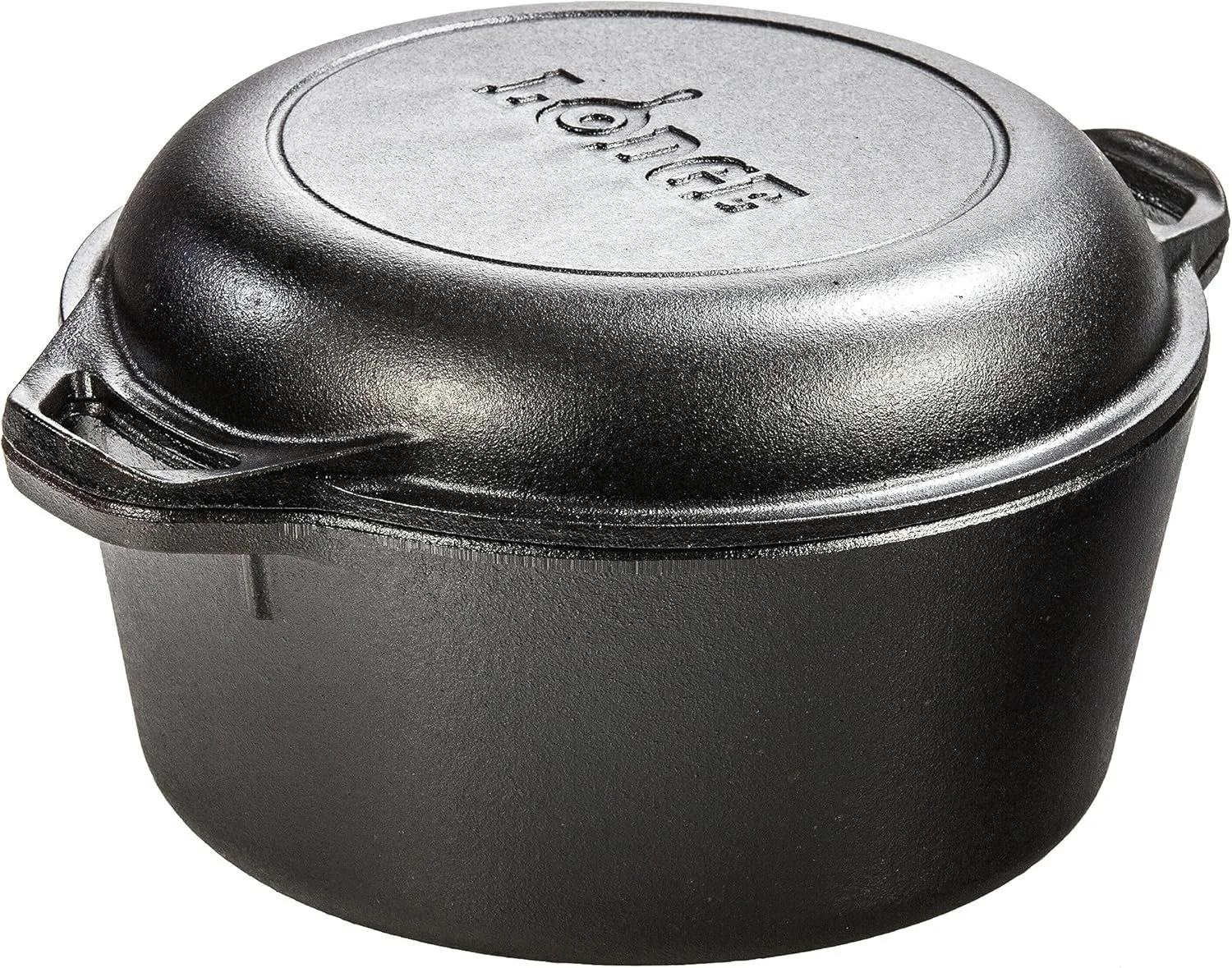 A black cast iron Lodge Dutch oven with a tight-fitting lid and two side handles.