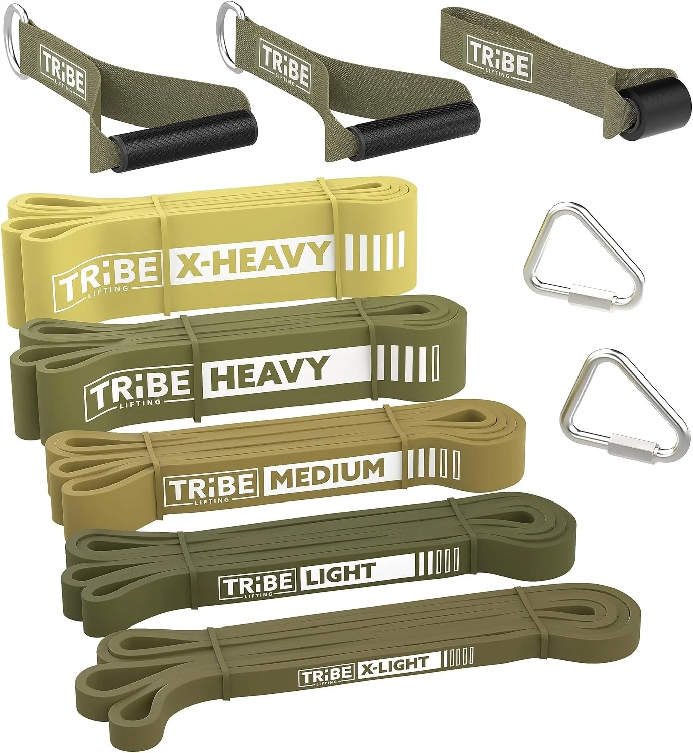 Set of five resistance bands labeled from light to X-heavy, along with two metal carabiner clips.