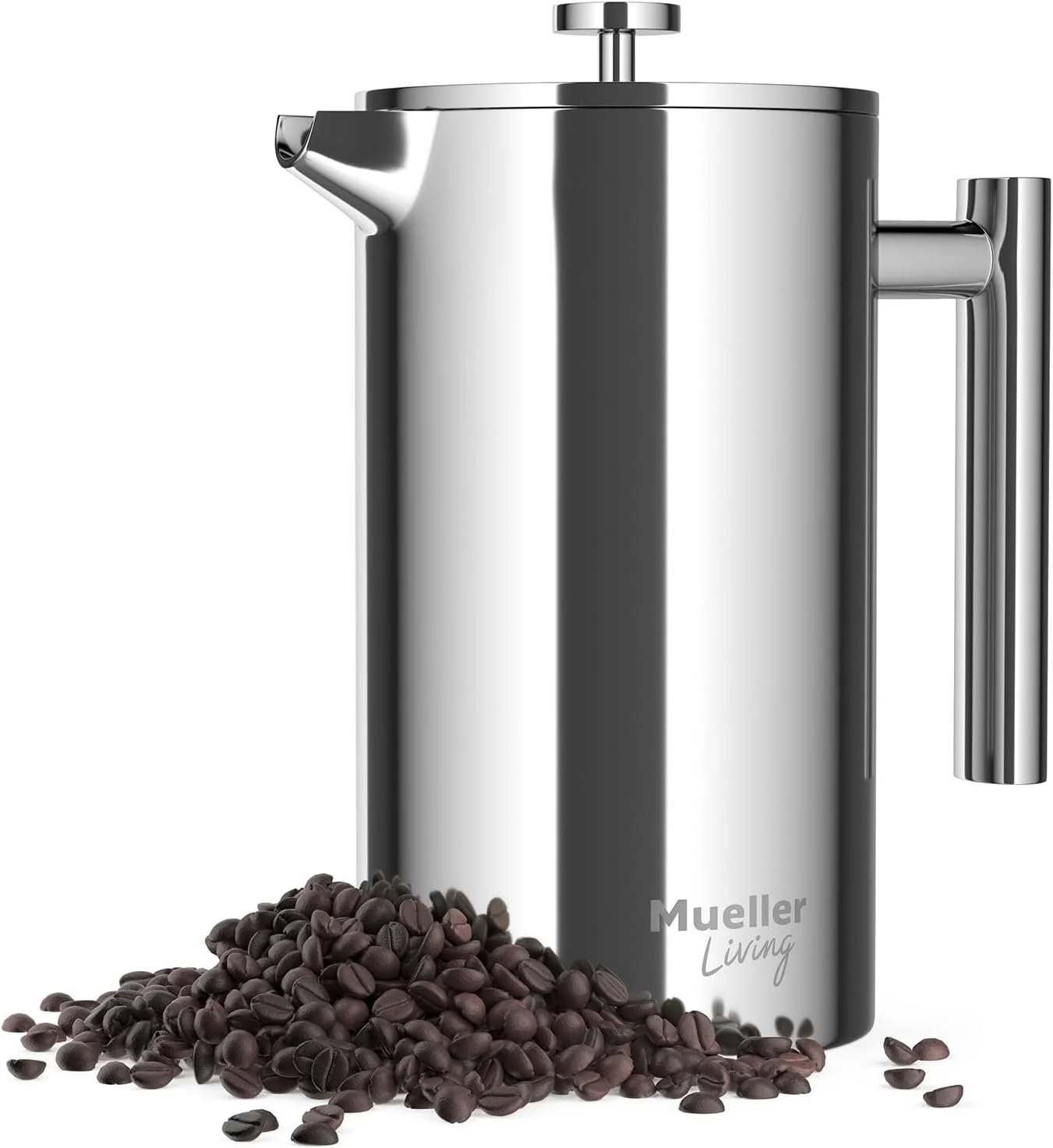 Stainless steel bean grinder with a pile of coffee beans in front of it. The grinder has a handle and the brand name 'Mueller Living' on it.
