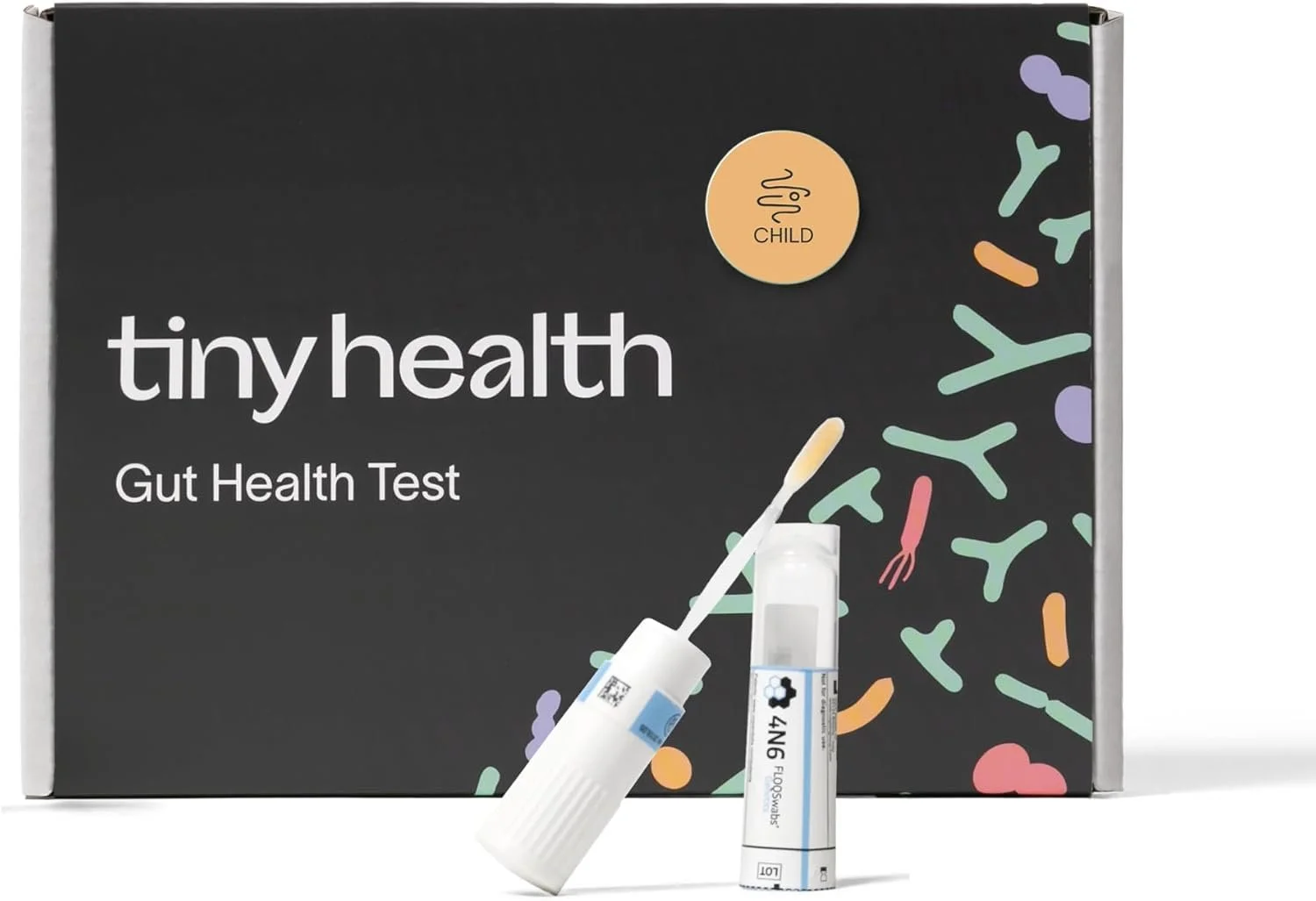 TinyHealth gut health test kit with a boxed testing set and collection tube in front.