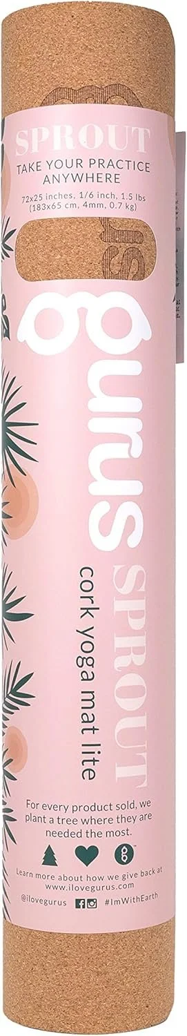 A rolled yoga mat with a cork top and a pink label wrapped around it. The label has the brand name "Sprout" and promotional text about practicing anywhere, along with a quote and social media information.