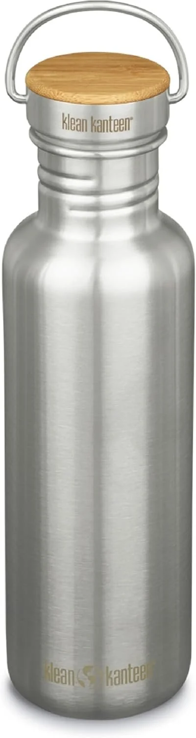 Silver stainless steel water bottle with a wooden screw-on lid and a carrying handle.