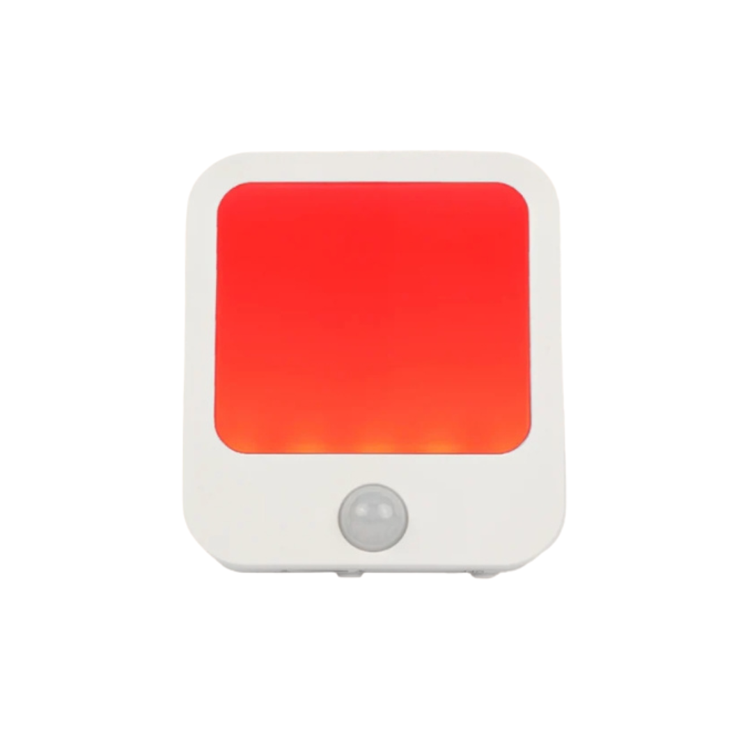 White motion detector alarm with a red LED indicator on the front.