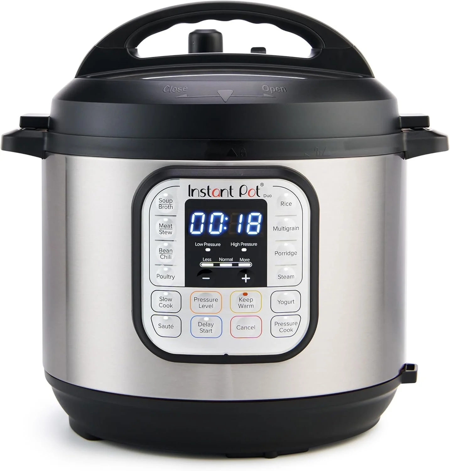 A stainless steel Instant Pot multi-function electric pressure cooker with digital display showing 18 seconds remaining on the timer.