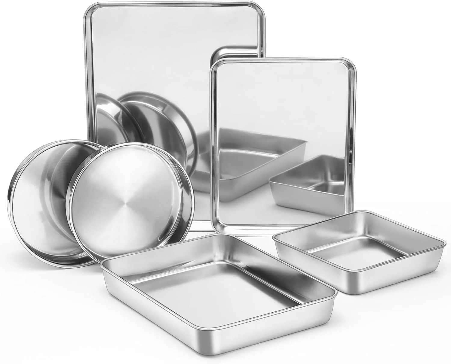 Set of stainless steel baking pans and trays, including square, rectangular, round, and loaf pans, arranged on a white background.