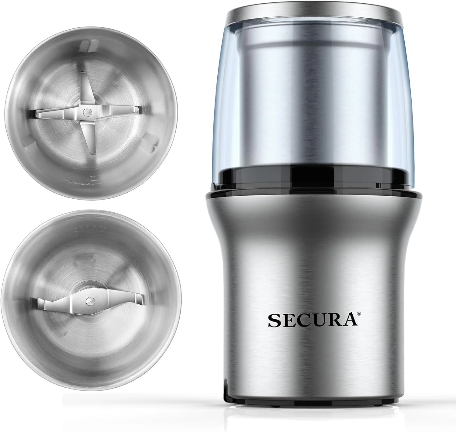 Stainless steel electric spice or herb grinder with transparent lid, viewed from top and side.