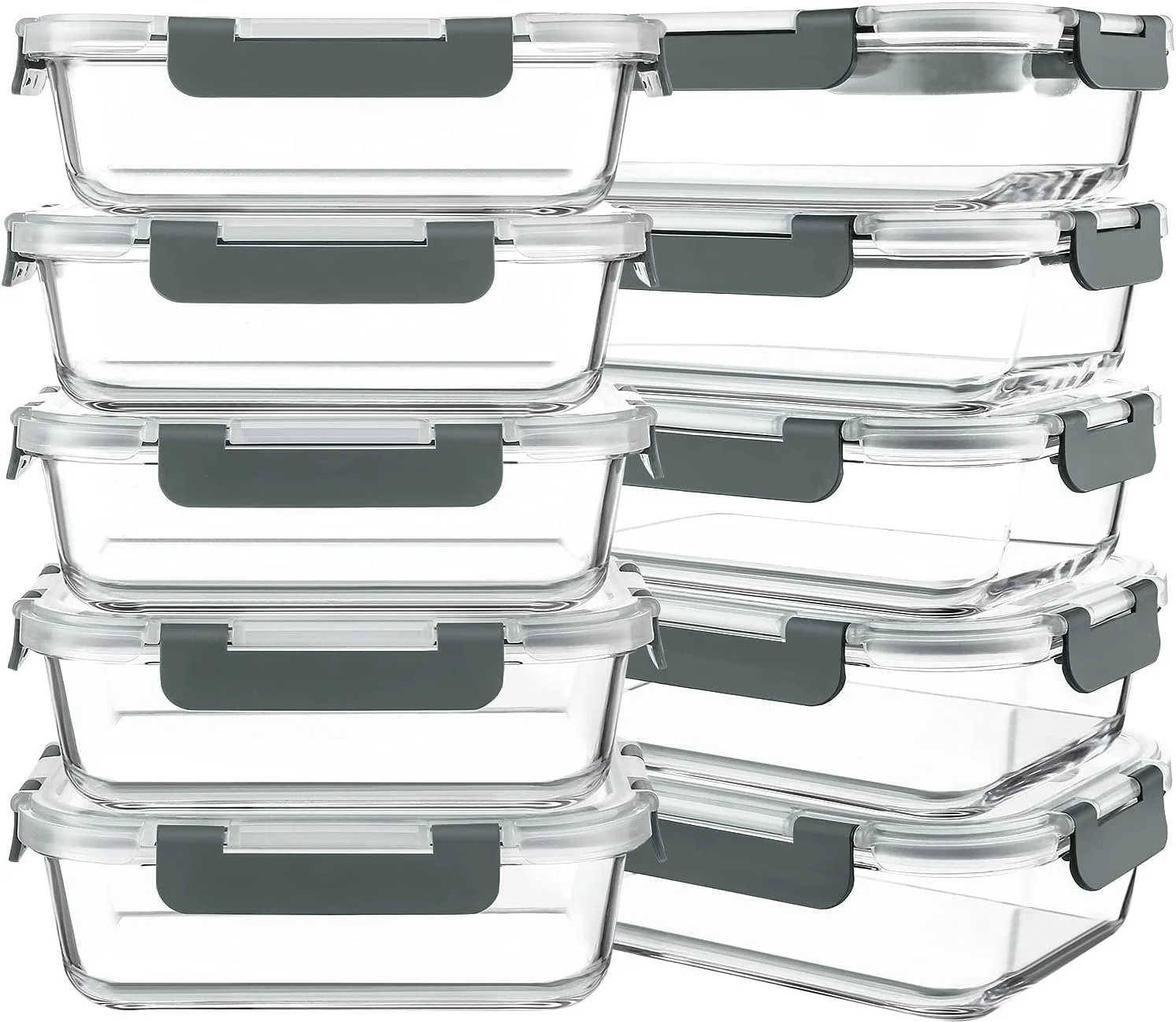 Six stacked glass food storage containers with gray locking lids.