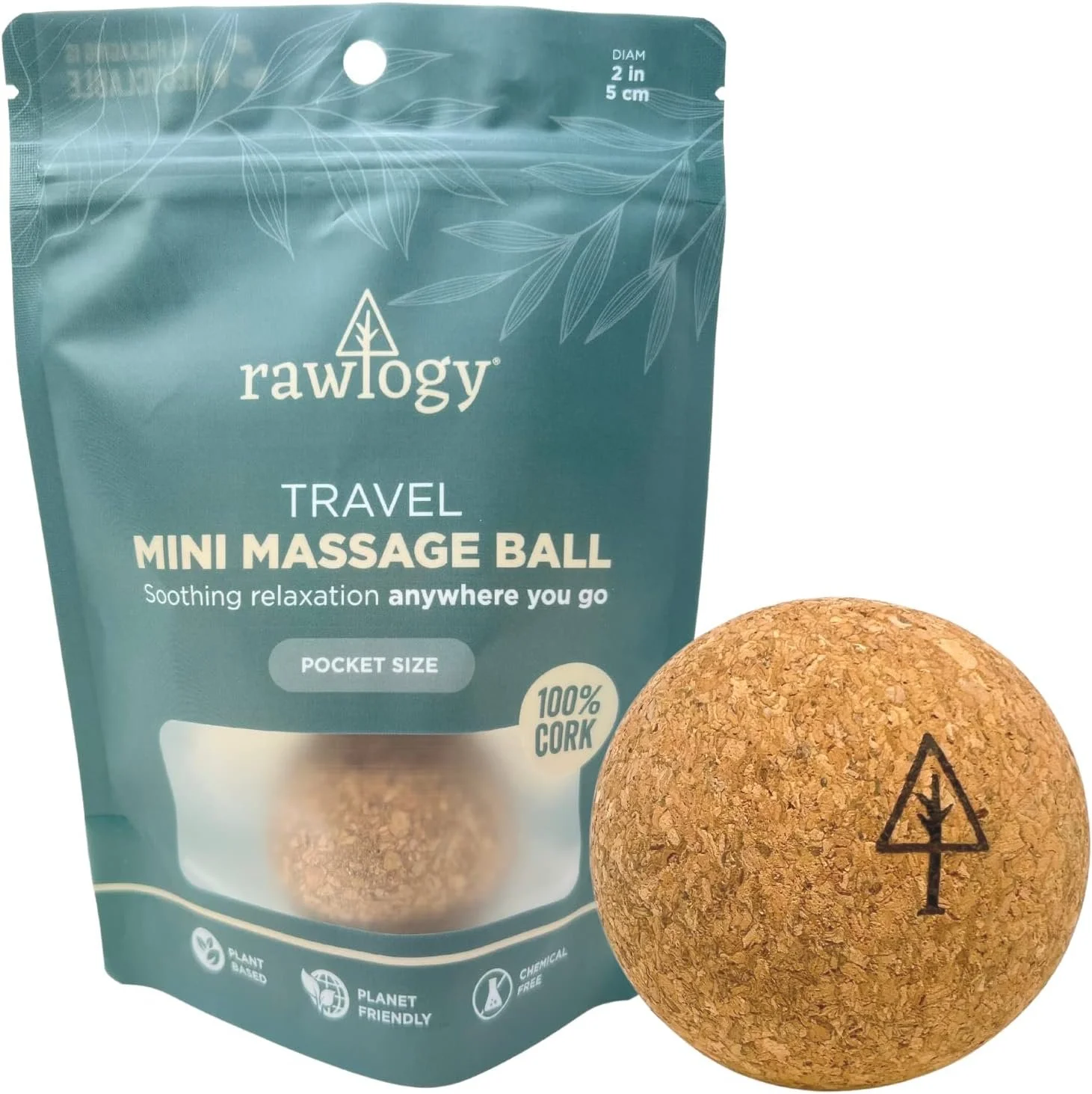 Rawology travel-sized mini massage ball with cork surface and black tree logo, next to its teal packaging with white and beige text, indicating it is 100% cork, plant-based, planet-friendly, chemical-free, and suitable for relaxation anywhere.
