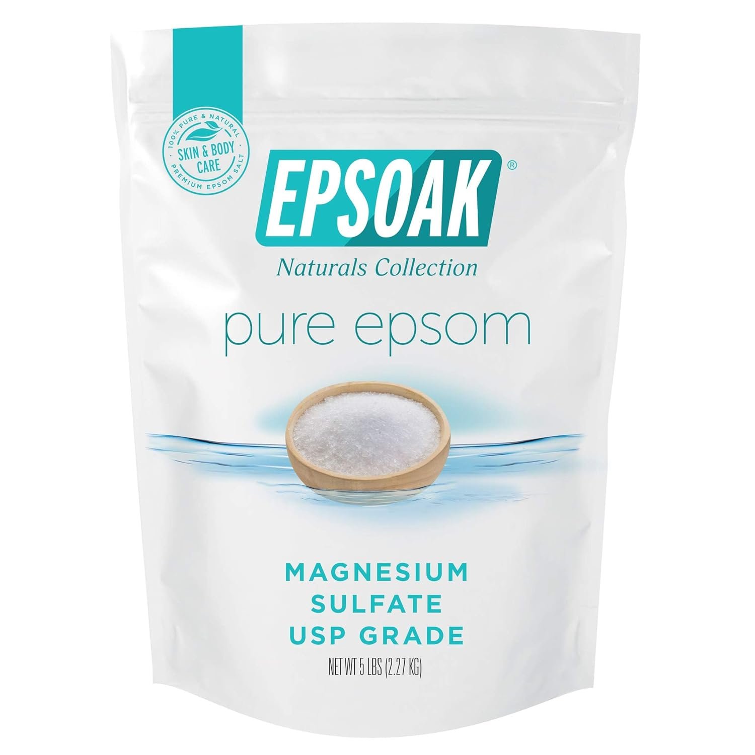 A white refill bag of EPSOAK pure epsom derived from natural sources, with a blue label, featuring a bowl of white epsom salt and text indicating it contains magnesium sulfate grade USP for skin and body care, net weight 5 pounds.