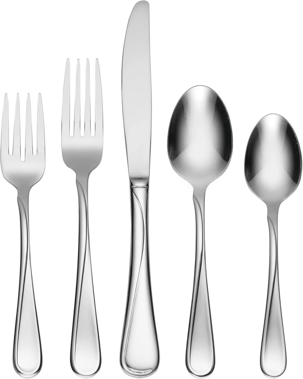 Set of five stainless steel cutlery pieces including two forks, one knife, and two spoons, arranged in a row.