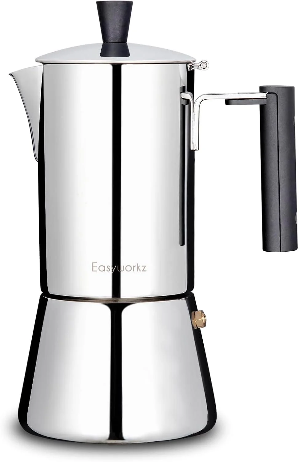 Stainless steel espresso maker with black handle and lid, labeled EasyWorkz, against a white background.