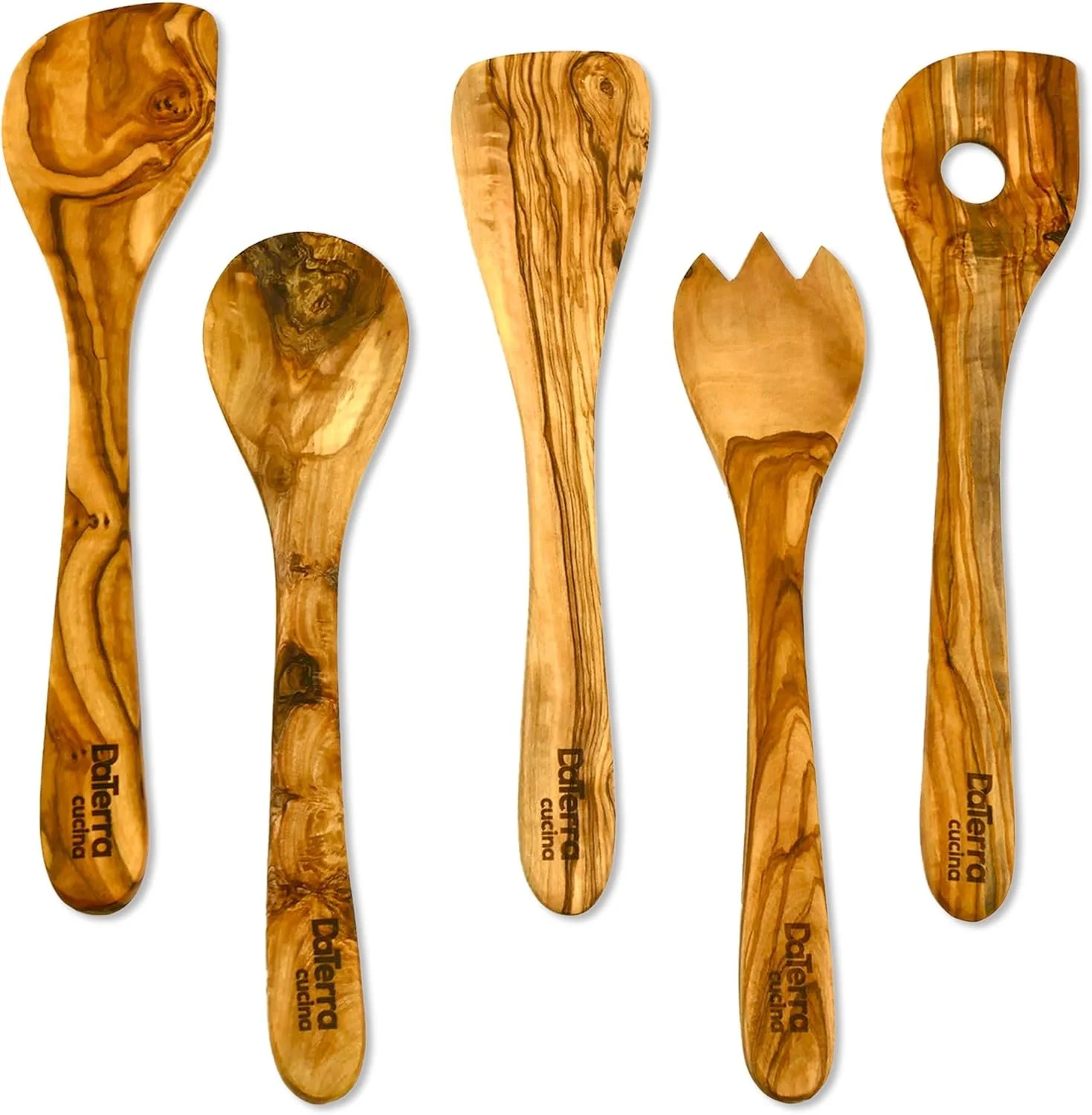 Set of five wooden kitchen utensils including a slotted spoon, solid spoon, pasta server, fork, and ladle, all with a polished finish and engraved with 'Dettala cucina'.
