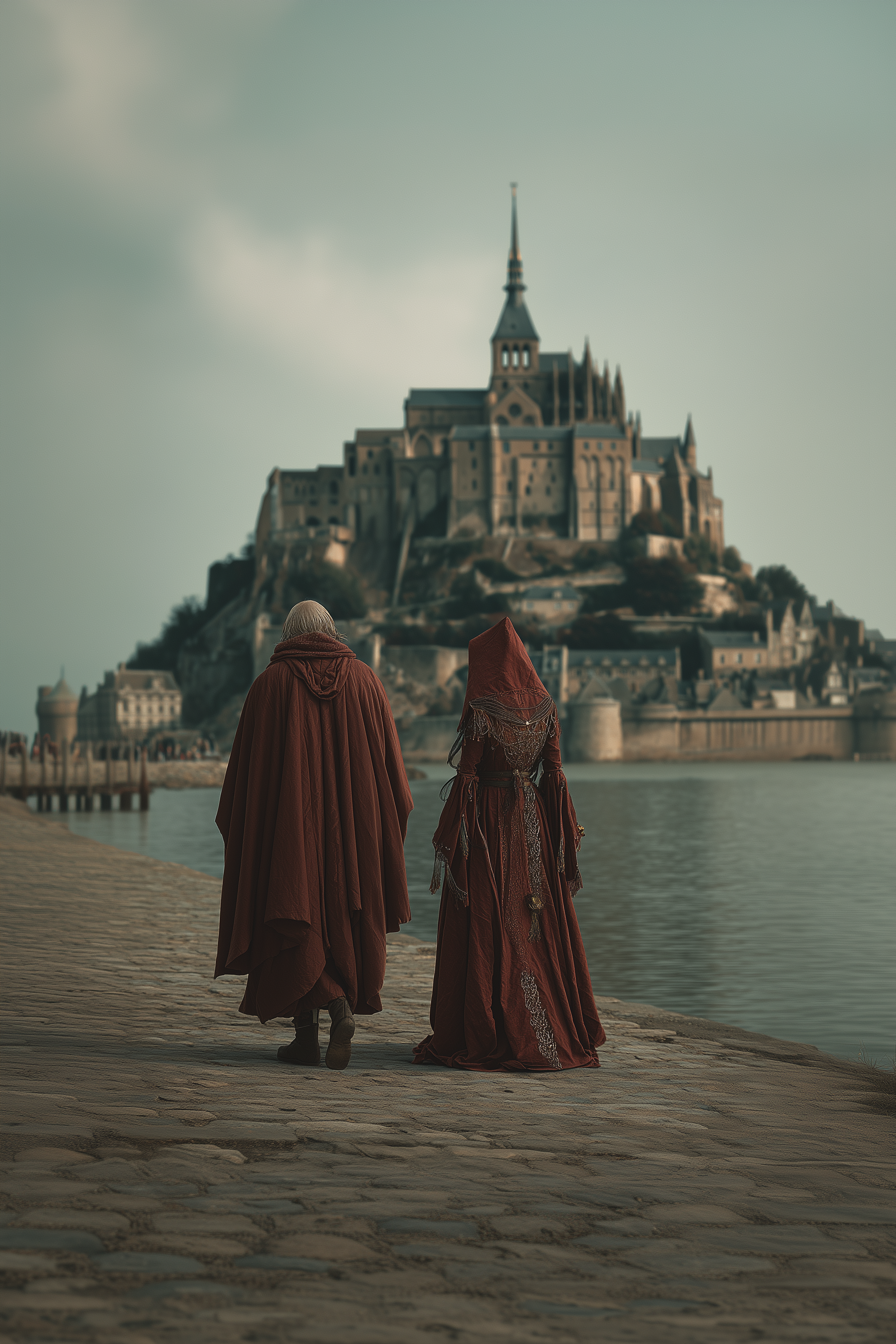 le mont saint michel et deux personnes du moyen age en cape, marchant tranquillement - escape game Avranches