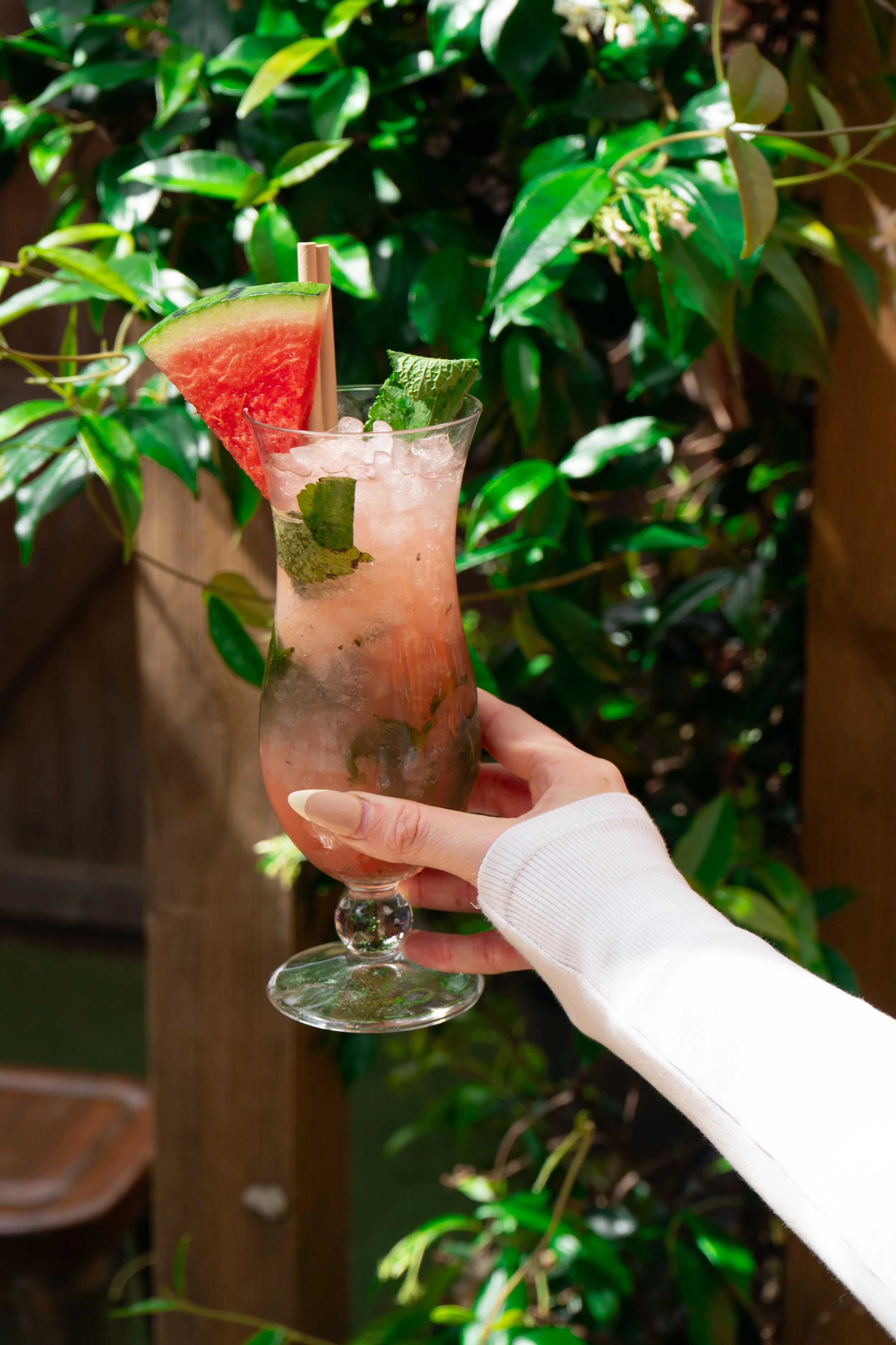 A person holds a tropical cocktail garnished with a watermelon slice and mint leaves, with a straw and ice, against a background of green foliage.