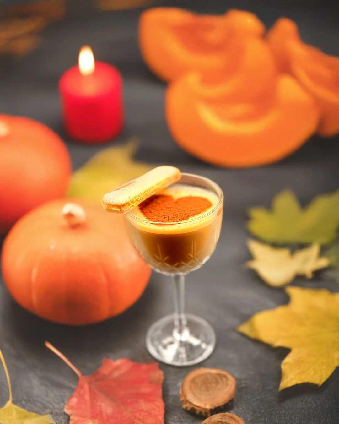 A Tiramisu Espresso Martini with a Biscuit as garnish, love heart chocolate dusting for taste and effect, surrounded by pumpkins, apples, colourful autumn leaves, and a red candle.