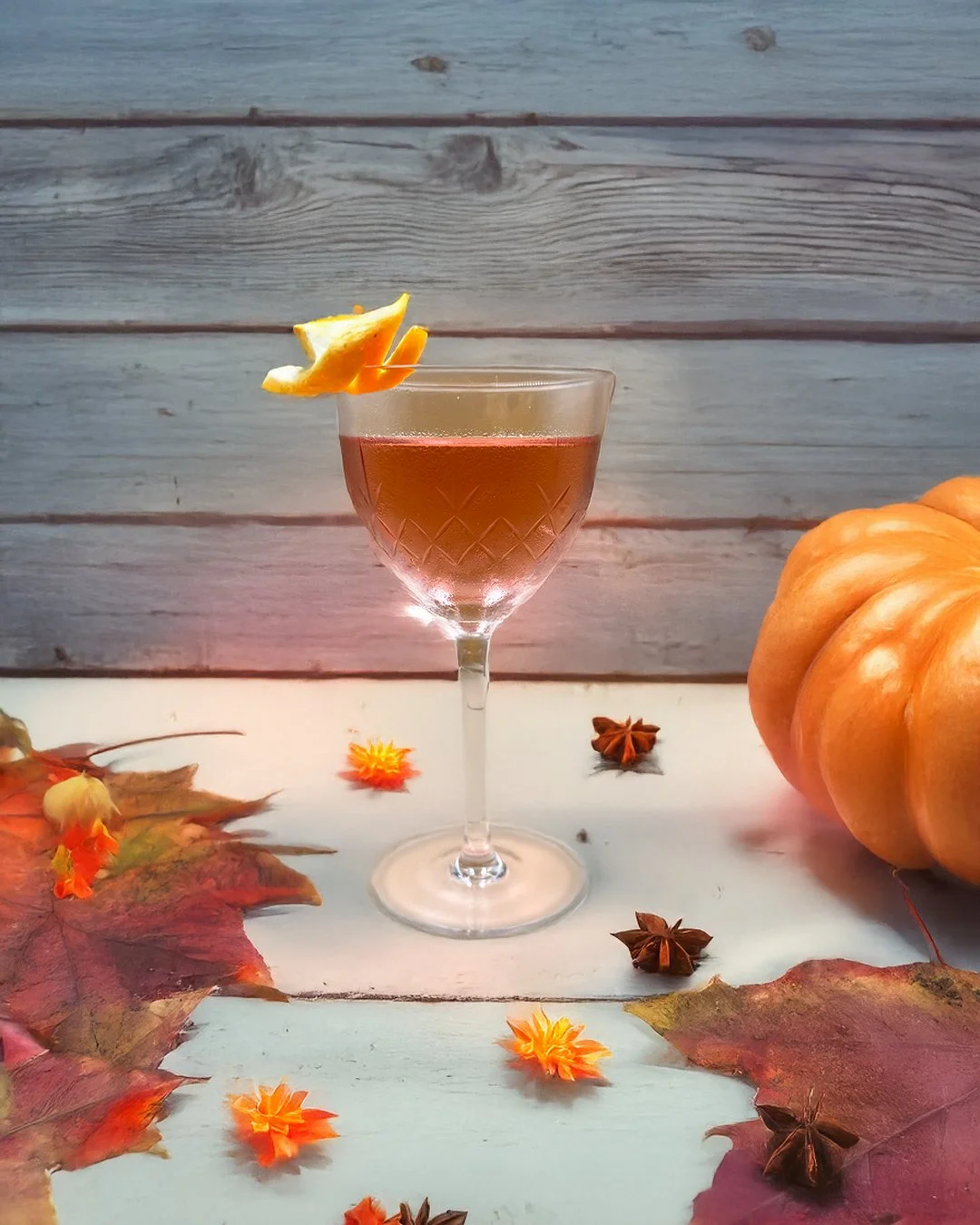 A glass of autumn-themed Martini cocktail with an orange zest garnish, surrounded by fall leaves, star anise, and a pumpkin on a white wooden surface with a rustic wooden background. Halloween themed. The drink is in a Nick & Nora glass.
