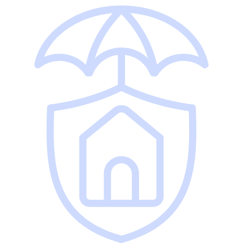 Icon of a house inside a shield with an umbrella above it