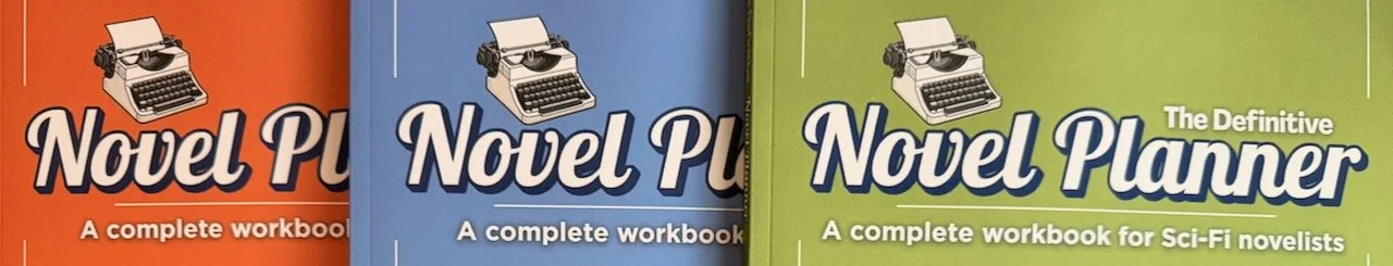 Three notebooks or workbooks titled "Novel Planner" in different colors (orange, blue, and green), with a typewriter illustration on each cover.
