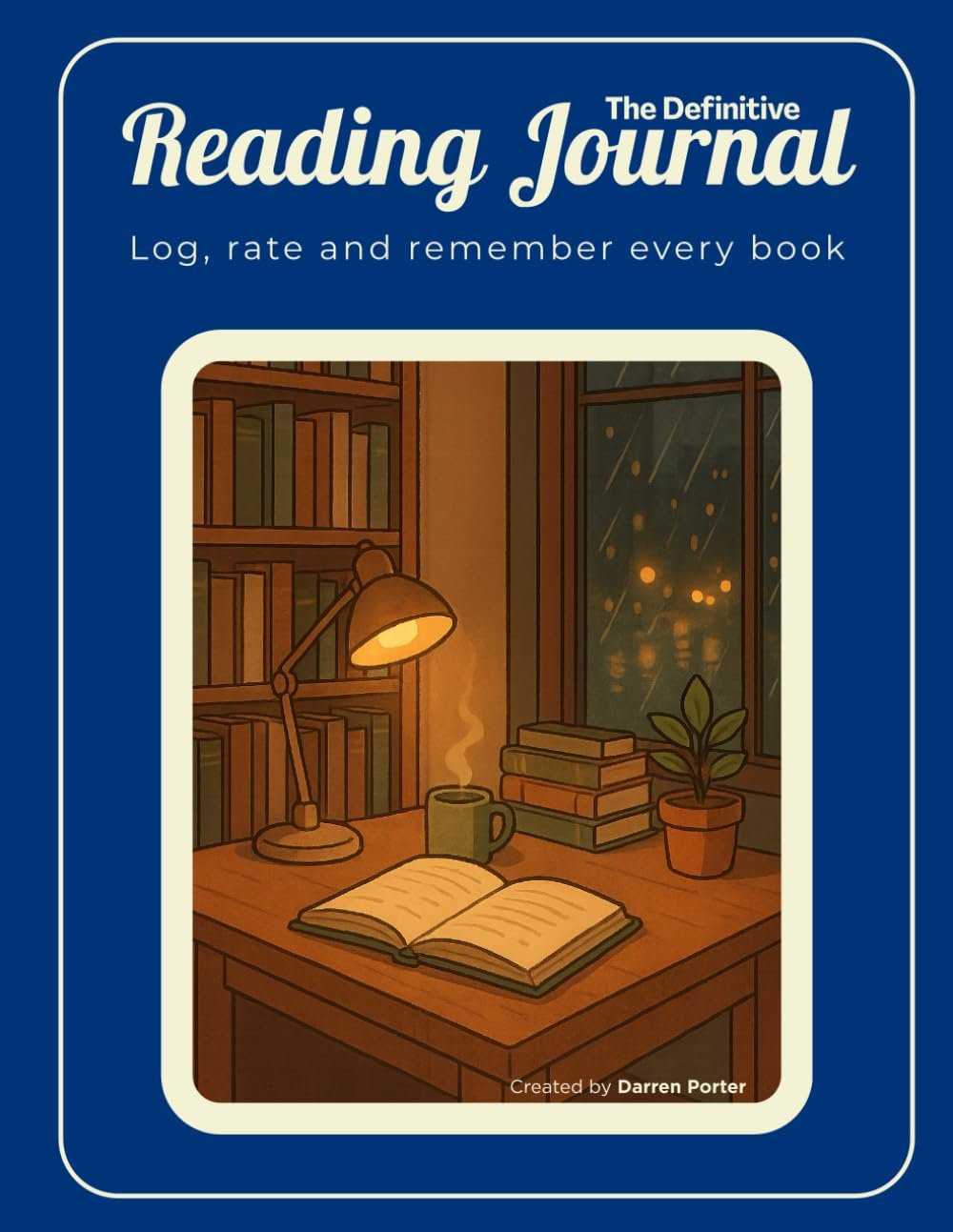 Illustration of a cozy reading desk with an open book, a steaming mug, a desk lamp, stacked books, and a potted plant next to a window showing a rainy night outside.