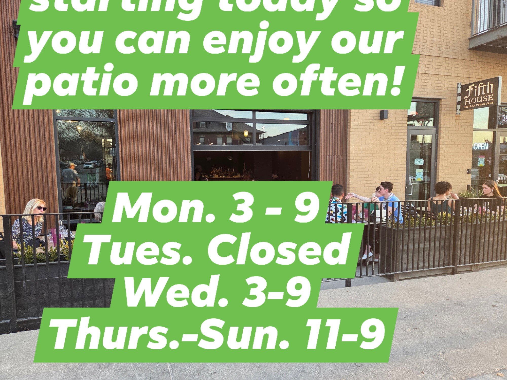 New summer hours starting today so you can enjoy our patio more often!

Restaurant Hours:
Mon. 3 - 9
Tues. Closed
Wed. 3 - 9
Thurs. - Sun. 11 - 9

*Afterglow events on Friday and Saturday nights 10pm - 2am are drinks only*
 #omahafoodies #omahafoodie