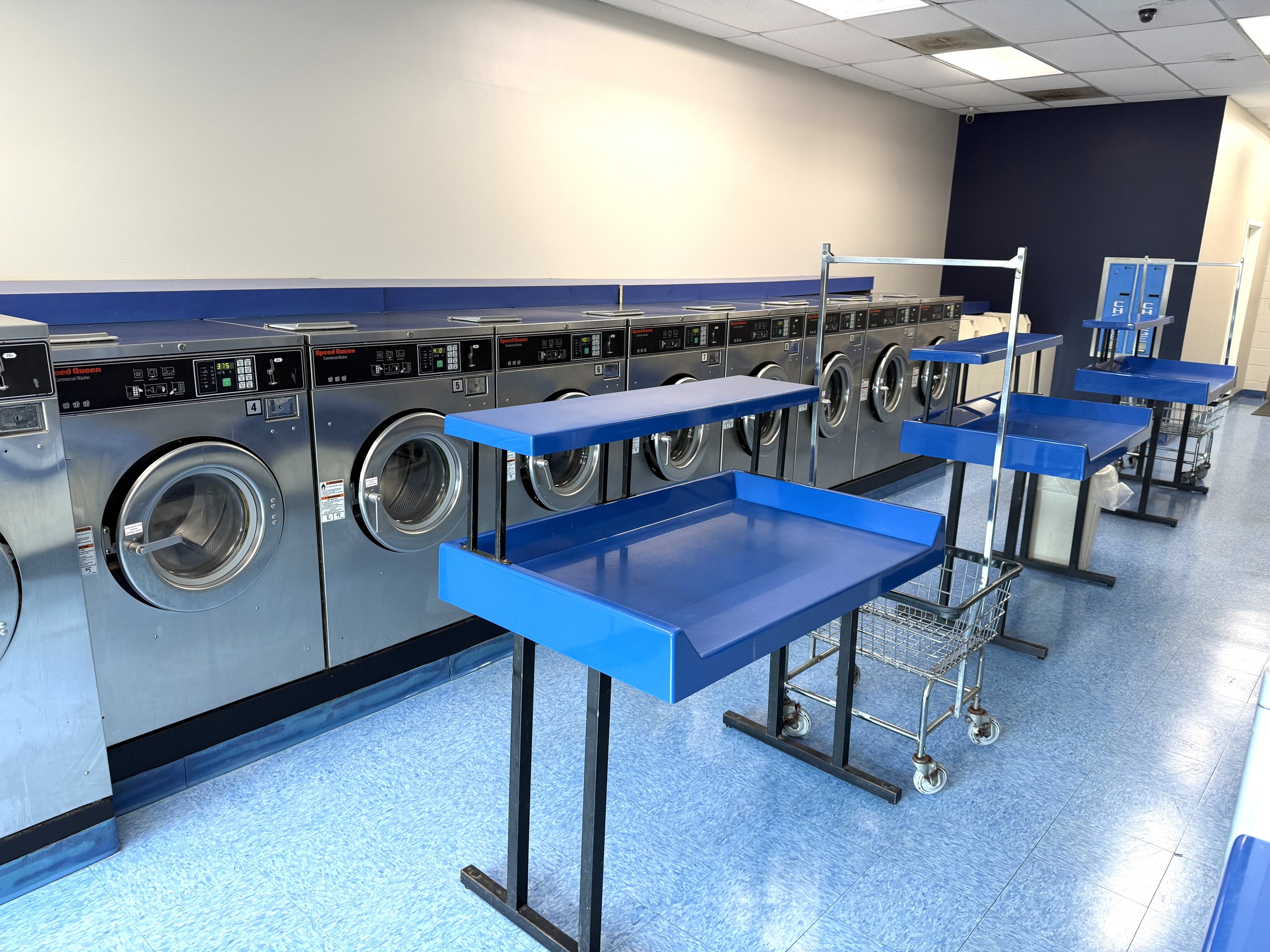 Laundromat with front-loading washing machines, blue laundry carts, and metal shelving units in a clean, well-lit space.