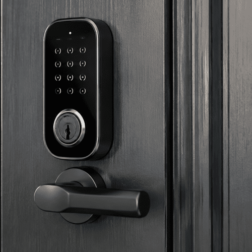 smartphone app next to keyless front door lock