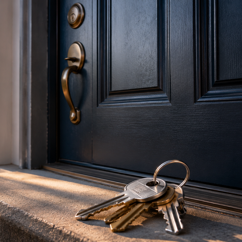 person standing outside locked front door holding house keys