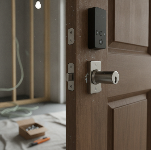 modern smart lock keypad beside traditional brass deadbolt