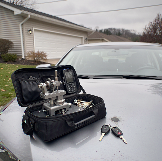 person searching coat pockets beside parked car outside home