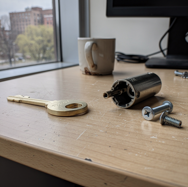 A key, metal cylinder, and screws lie on a wooden desk near a window overlooking buildings.