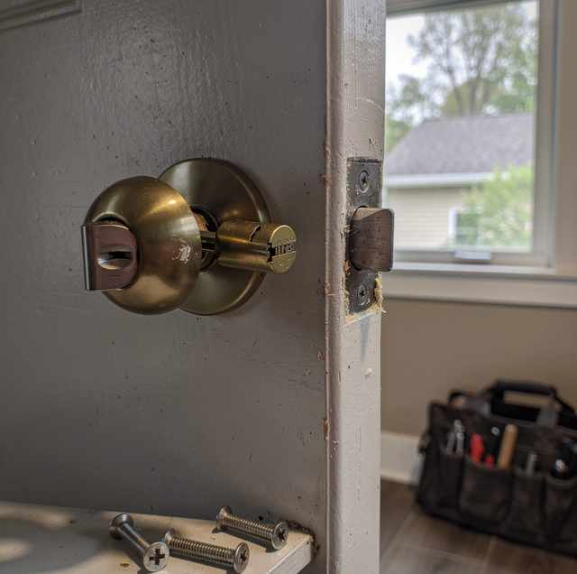 hands installing new lock cylinder in rental door