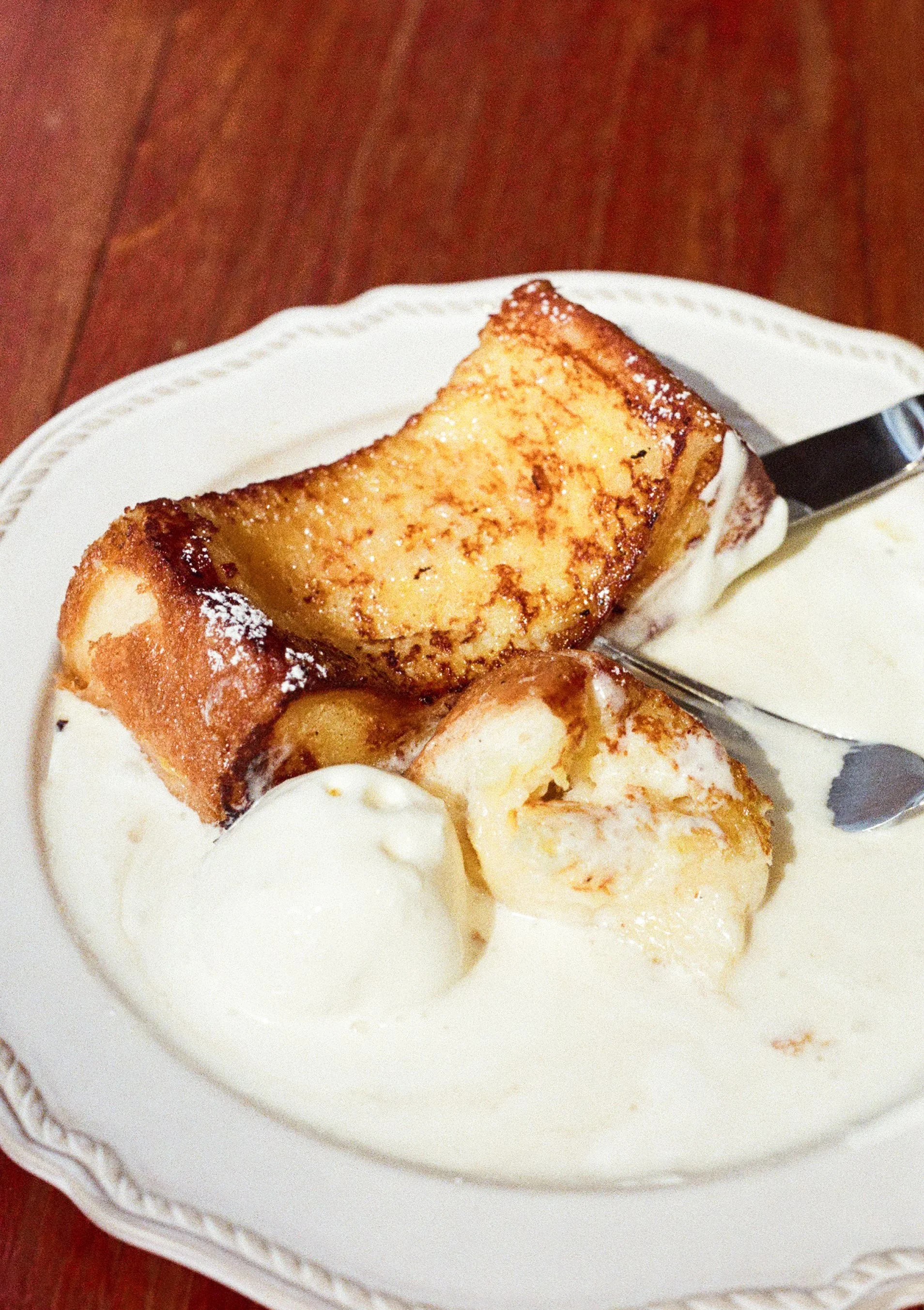 French Toast and Ice Cream side-lit by the sun on an overcast day. Captured on Olympus Pen FT with Kodak Ultramax 400 and processed by Yeonnam Film