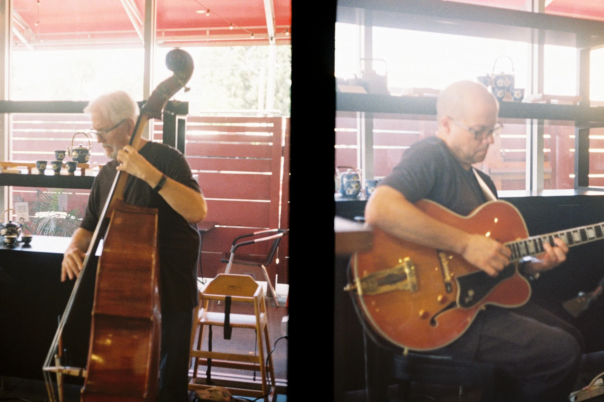Dyptic film images of two men playing instruments